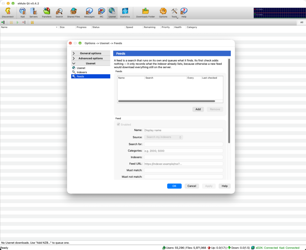 The Usenet tab in eMule Qt, with the download queue, health and category columns